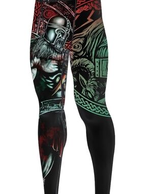 Viking Graphic Leggings in Black with Red & Green Artwork